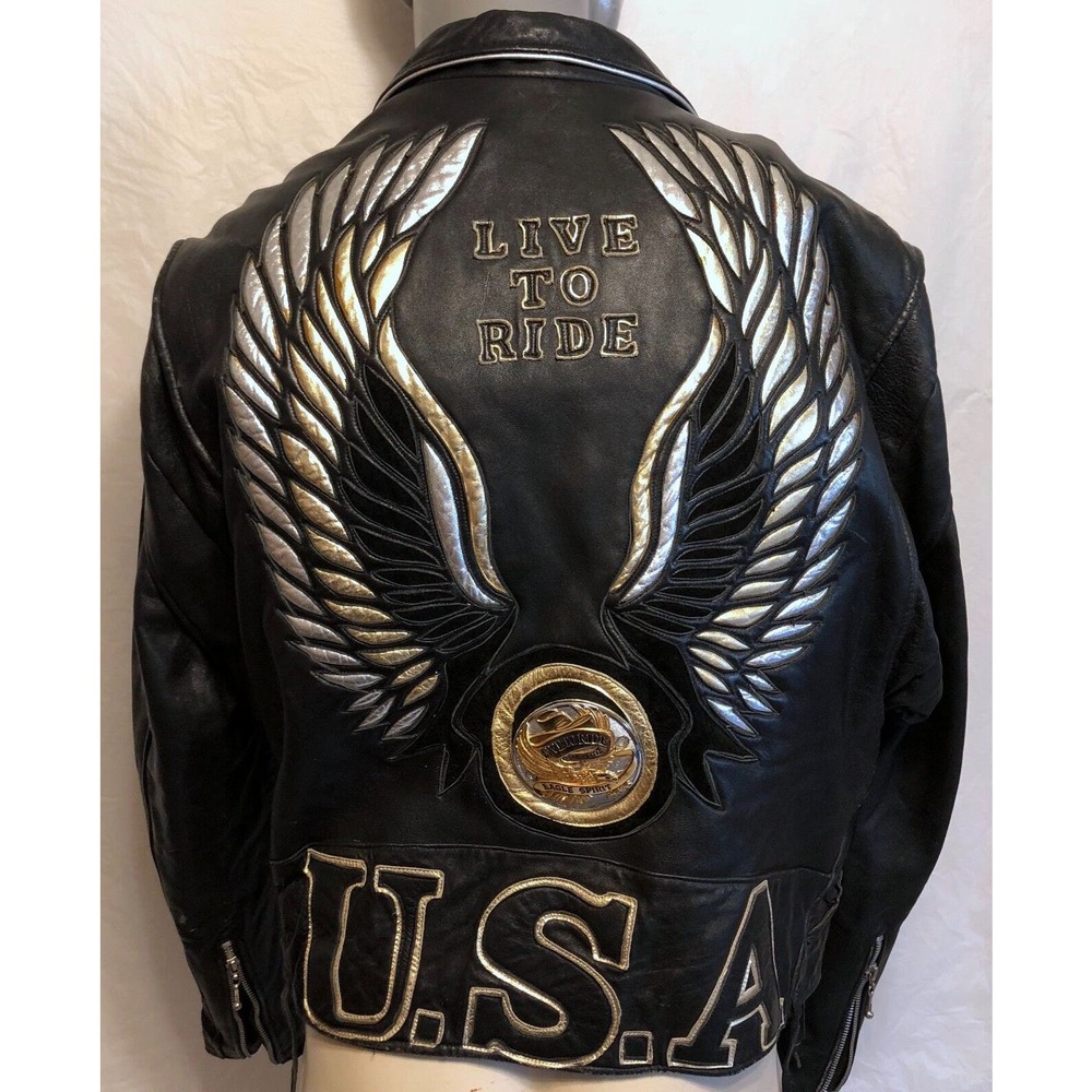 VTG Distressed Live To Ride USA Embossed Jacket Sz M Medallion Biker Motorcycle